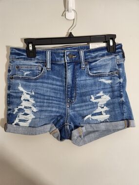 American Eagle Distressed Hi-rise Shorties Rolled Cuff Denim Shorts Stretch 2"
